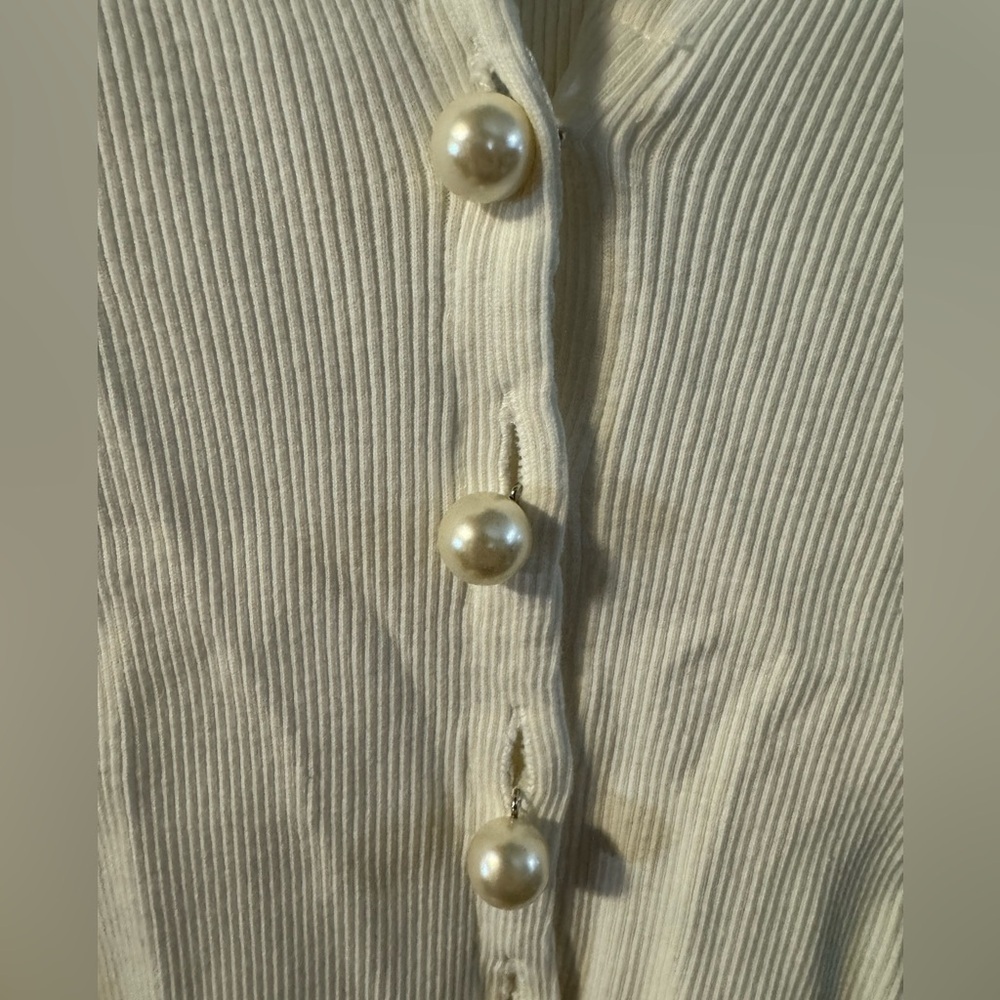 90’s Rib Knit Pearl Button Up Scallop Collar Cardigan Cotton Girly Whimsical VTG - Picture 12 of 13